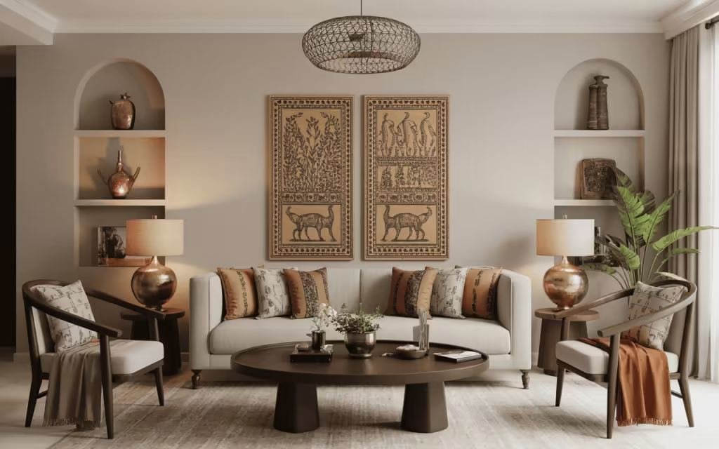 Living room with arched niche shelving, framed traditional art panels and warm brass accents